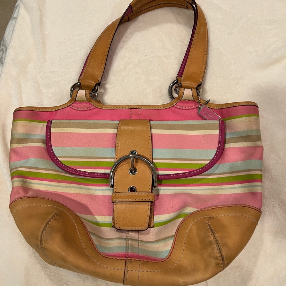 Coach Hampton Hobo Shoulder Bag. Pastel stripes leather details